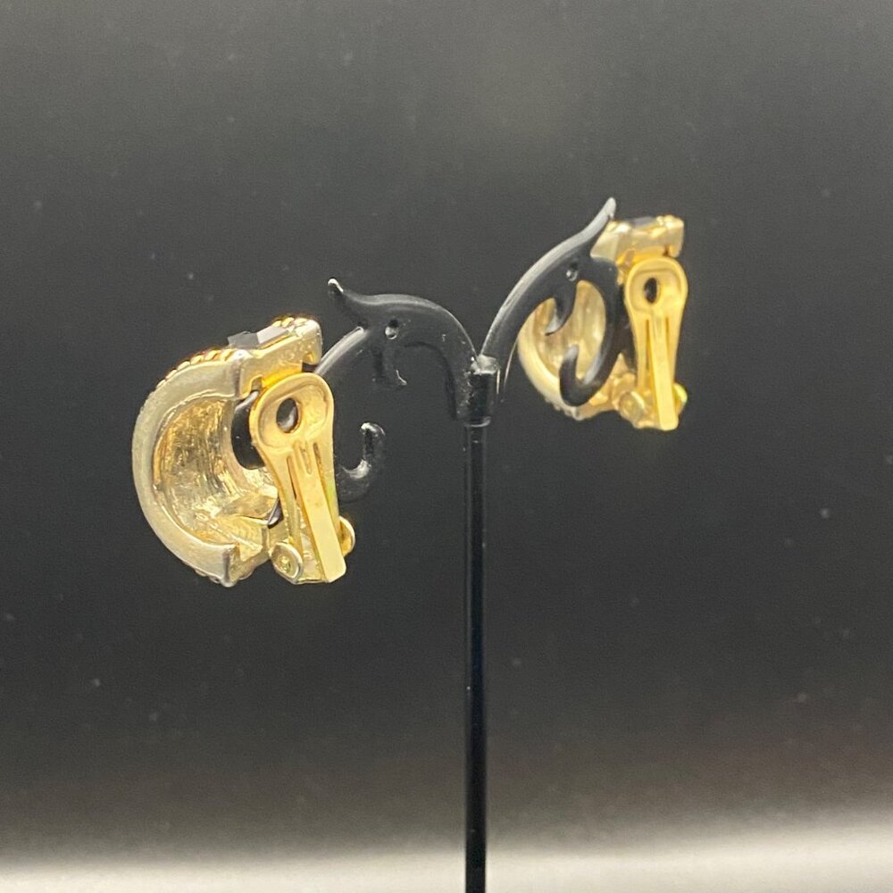 Vintage Clip-On Earrings Hoop Two Tone Black Faceted Glass Statement Chunky - Picture 9 of 10